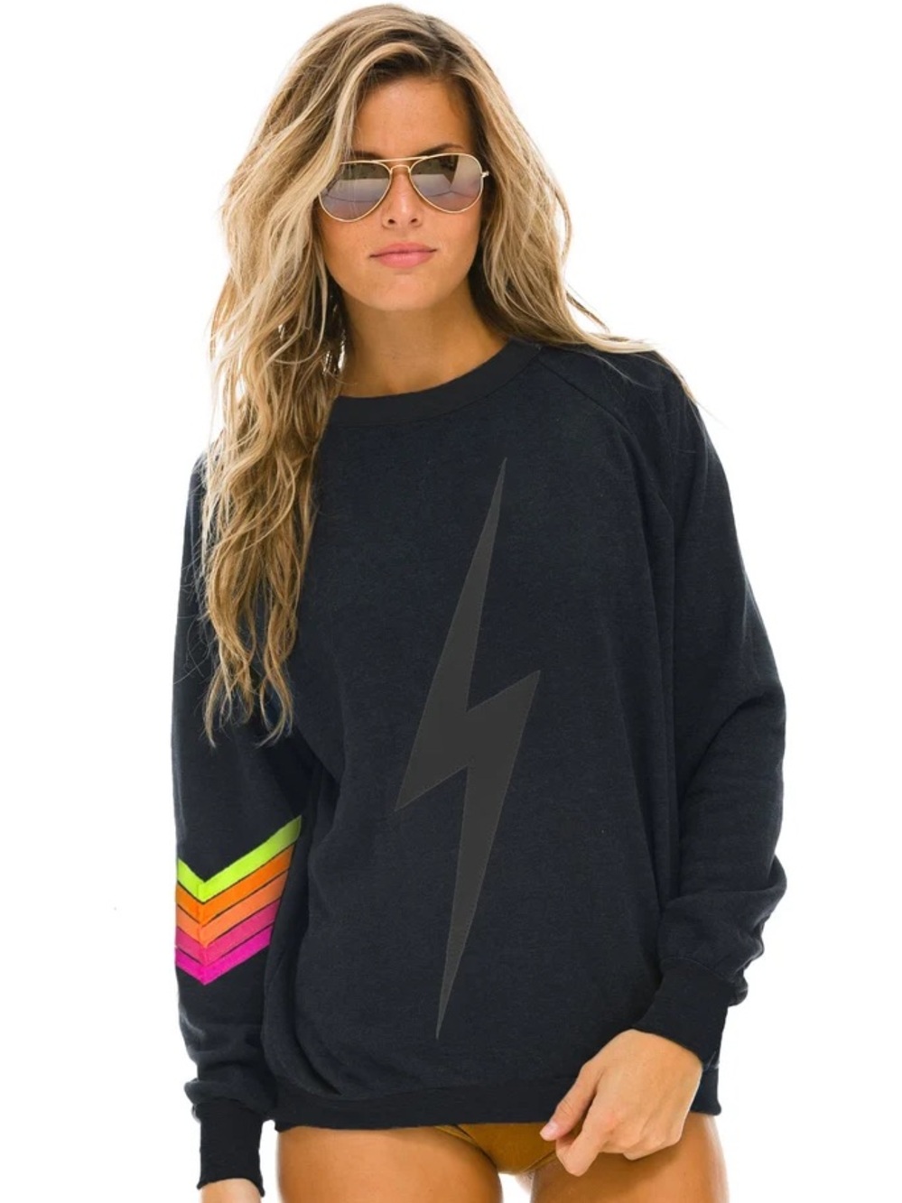Aviator Nation Black Lightning Bolt Sweatshirt with Rainbow Sleeve Stripes